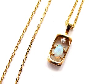 Vintage 14k Gold Geometric Openwork Pendant with White Opal on 20&quot; Vermeil Chain, October Birthstone