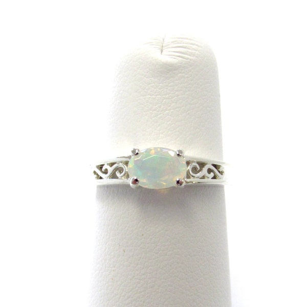Sterling Silver Faceted Ethiopian Welo Opal Gemstone Ring with Filigree Details, size 7, October birthstone