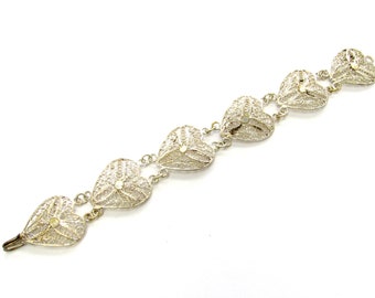 Vintage .800 Silver Filigree Heart Link Bracelet, 6 1/2&quot; long