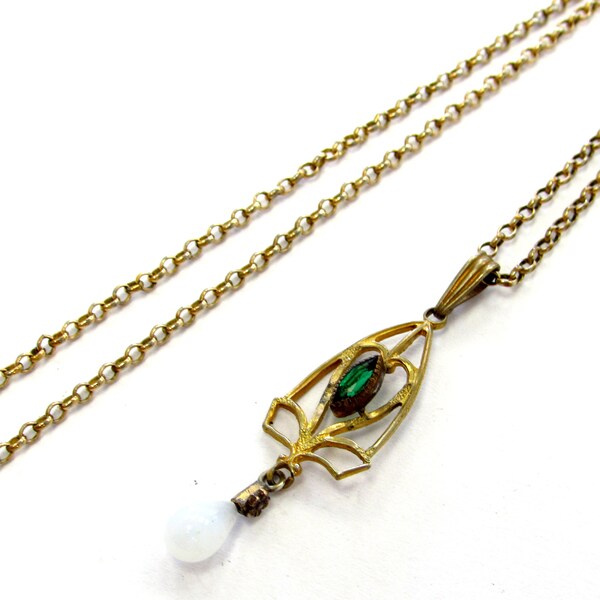 Antique Yellow Gold Plate Jungle Green Stone + Opalite Drop Lavalier Pendant on 20" Cable chain, Layering Necklace