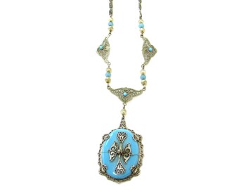 Vintage Silver-Plated Sky Blue Glass Filigree Pendant on 16&quot; Scroll Chain, Ornate Antique Necklace