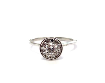 Antique 14k White Gold Dainty Diamond Engagement Ring with Diamond Halo, size 5 1/4