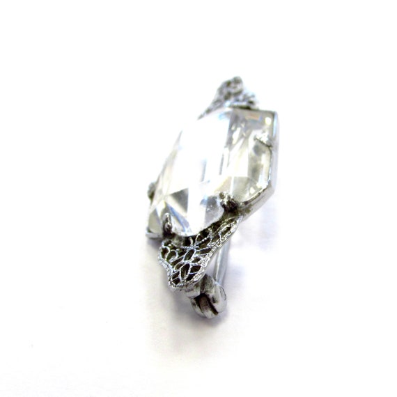 Vintage Silver-Plate Filigree Pin with Clear Ston… - image 7