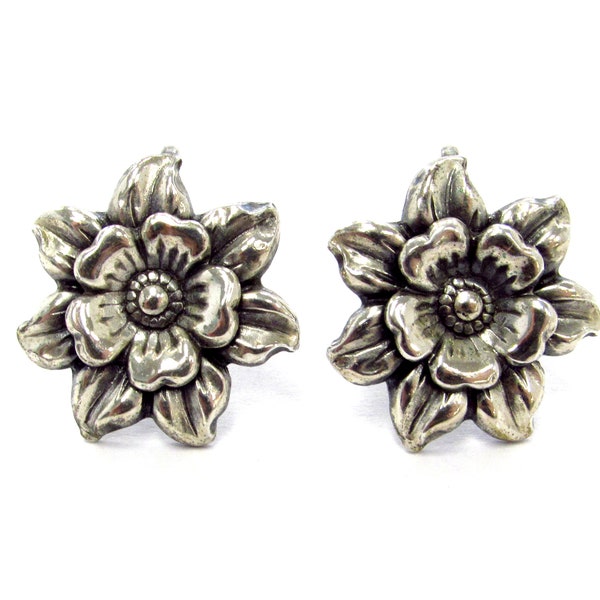 Vintage Sterling Silver Fantasy Flower Non-pierced Screwback Earrings