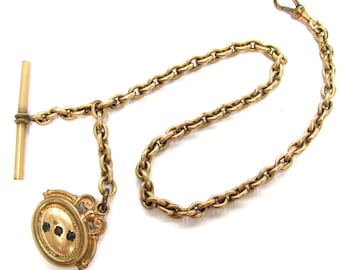 Antique Gold Filled 12" Long Heavy Cable Link Pocket Watch Chain with Paste Stone Fob and Bar Fob