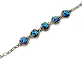 Vintage Silver Plate Blue Morpho Hand Painted Tropical Scenes Link Bracelet, 7 1/4&quot; long