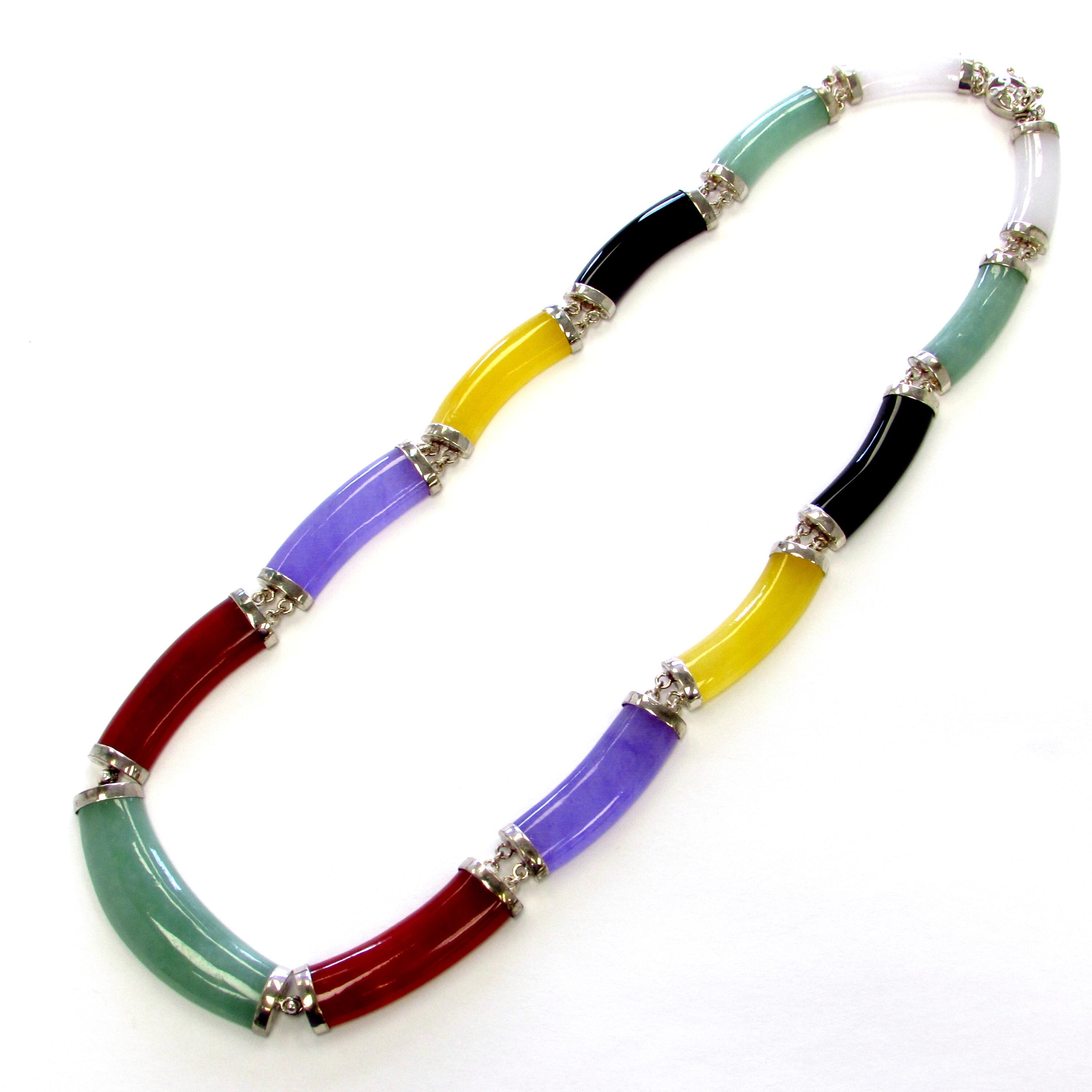 Vintage Sterling Silver Multicolored Jade Piece Necklace, 18