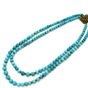 Vintage Art Deco Inspired Fancy Brass Clasped Turquoise Colored Glass Bead Double Strand Necklace