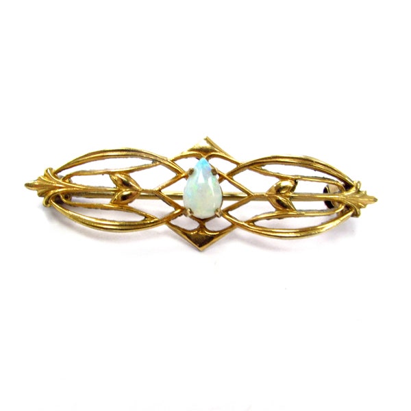 Antique Gold Filled Filigree + Genuine White Opal Leafy Pin Brooch