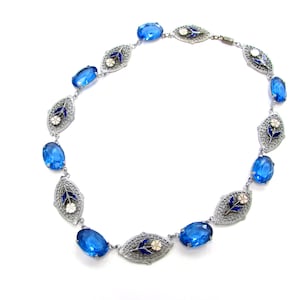 Antique Silver Plate Silver Blue Stone + Enamel Filigree Art Deco Style 15&quot; Long Choker Collar Necklace