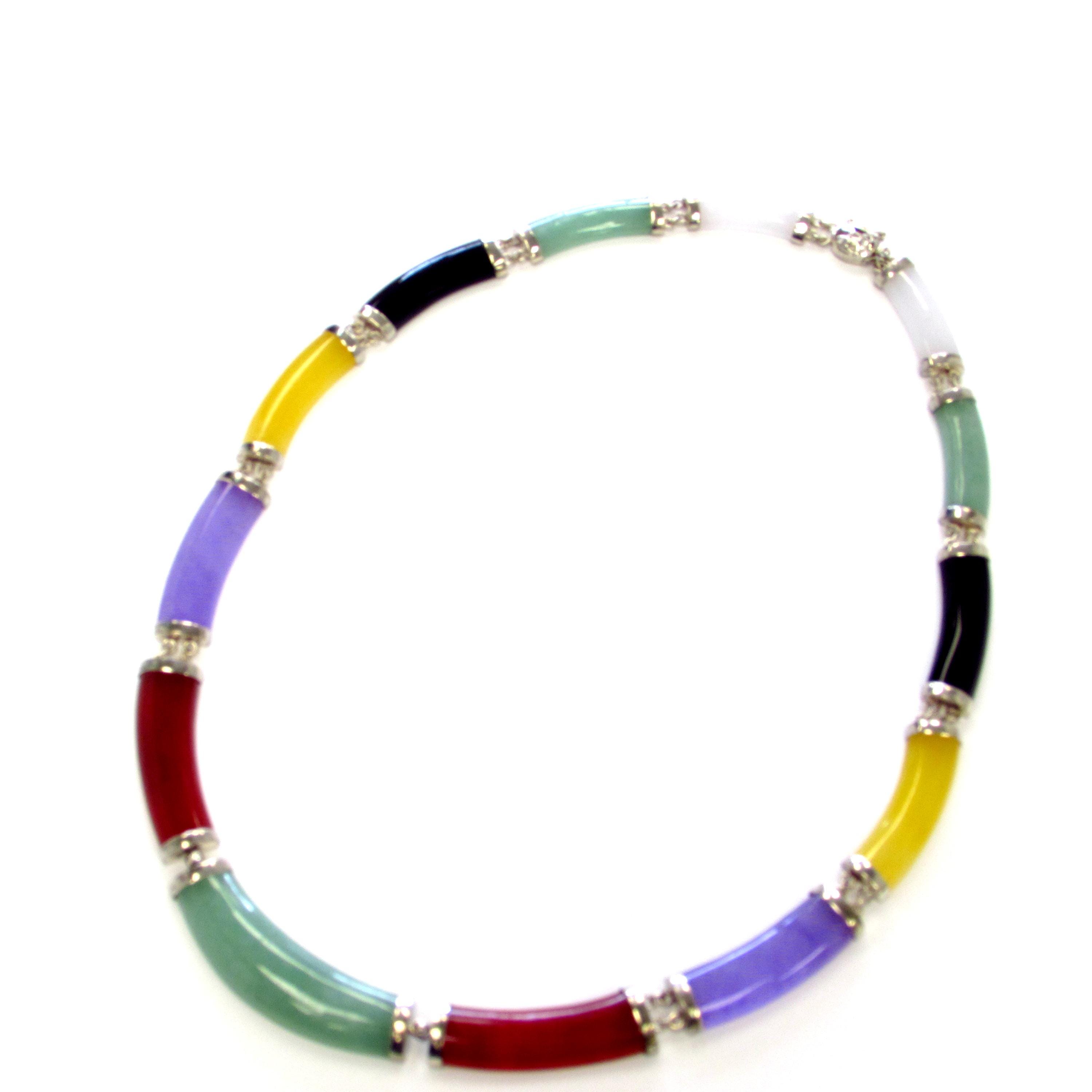 Vintage Sterling Silver Multicolored Jade Piece Necklace, 18