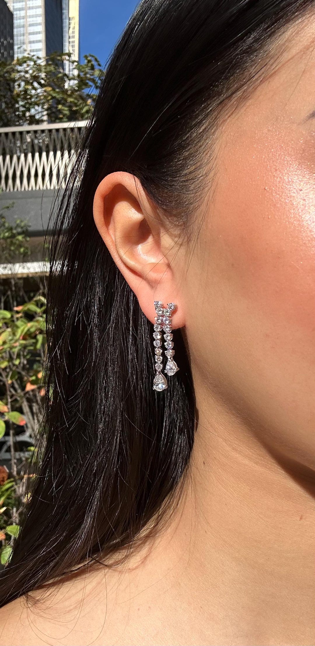Round and Pear Shaped Diamonds Statement Earring in 14K White Gold, 3. ...