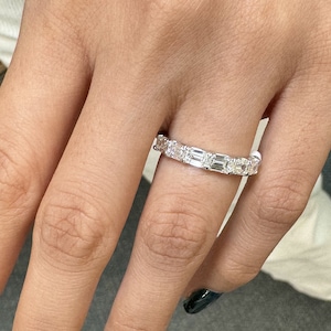Horizontal Emerald Cut Diamond Ring in 18K White Gold, 1.72CTTW, F Color and VS Clarity Natural Diamonds.