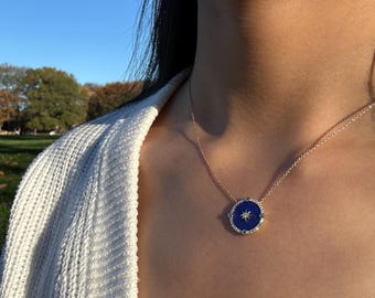 Compass Pendant Necklace in 14K Yellow Gold with Natural Diamonds. F Color and VS Clarity. Dainty and Beautiful. 17 / 18 Inch. Unique