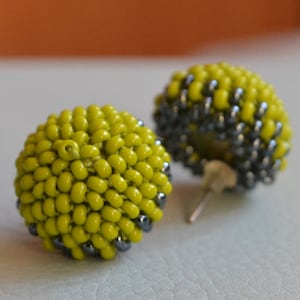 Olive green beaded earrings, pistachio green round studs, chartreuse beaded ball stud earrings, button earrings