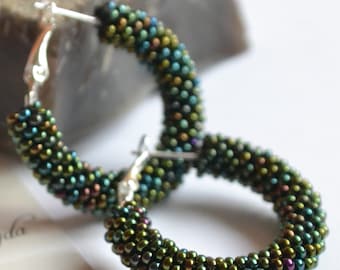 Peacock green beaded earrings, iridescent hoops