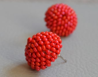 Red round beaded ball stud earrings, red retro mini studs