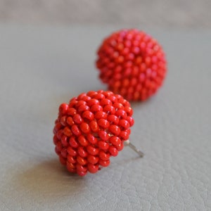 Red round beaded ball stud earrings, red retro mini studs