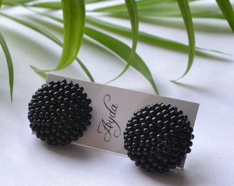 Black beaded round stud earrings, black ball studs, textured mini earrings, black retro stud earrings