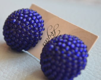 Royal blue beaded ball stud earrings, blue statement circle stud earrings, beadwork earrings