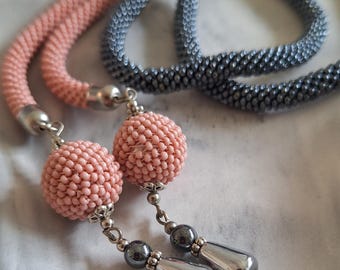 Elegant Handmade Seed Bead Crochet Necklace in Pink and Black - Statement Jewelry