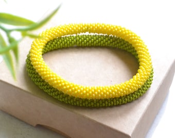 Yellow Nepal Bead Bangle, Green Nepal Style Bracelet