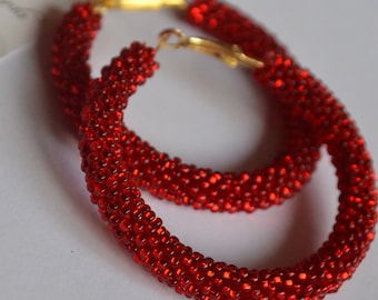 Shiny red hoop earrings, big beaded hoops, sweet simple earrings