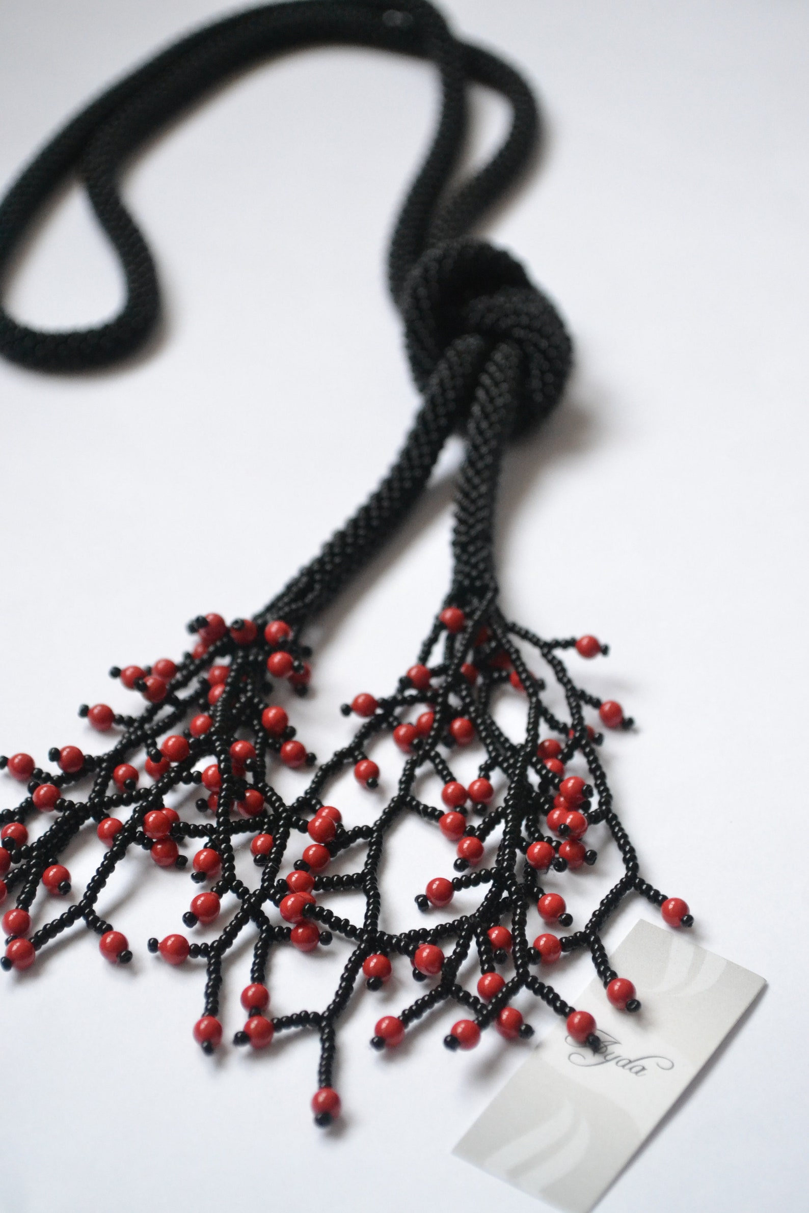 Extra Long Black Rope Necklace, Black Chrocheted Necklace With Red ...