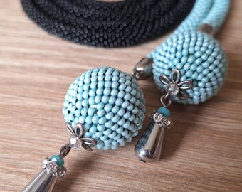 Handmade Extra Long Black and Mint Seed Bead Crochet Necklace