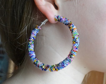 Multicolor beaded hoop earrings, seed beads hoops, rainbow jewelry, African big beaded earrings