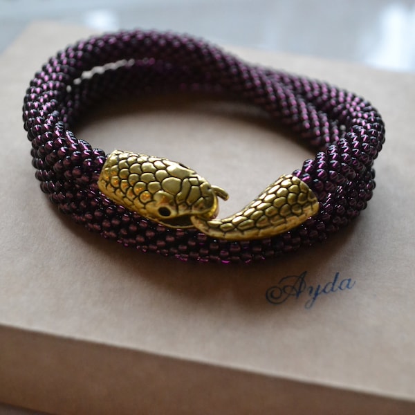 Purple beaded snake bracelet, seed bead snake necklace, crochet rope jewelry