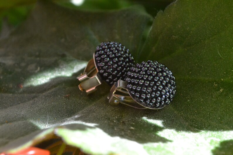 smoky grey seed bead embroidery clip on graphite soft black color Shiny gray button clip on earrings gray beaded mini ball clip on