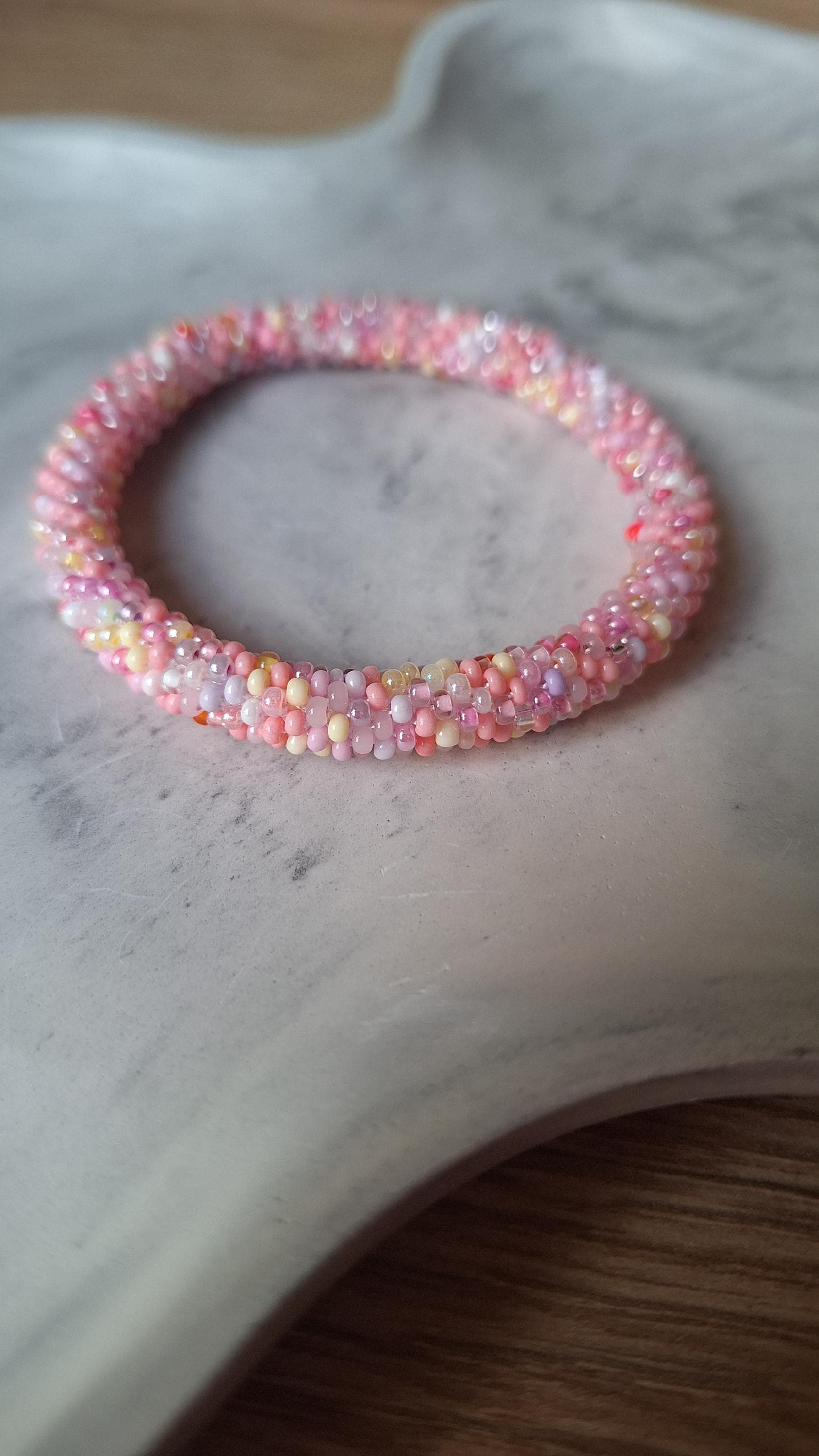 Handmade Baby Pink Bead Crochet Nepal Bracelet of Seed Beads
