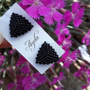 Black triangle stud earrings, black beaded seed bead earrings