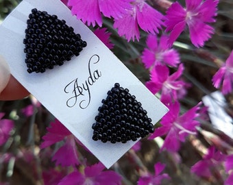 Black triangle stud earrings, black beaded seed bead earrings