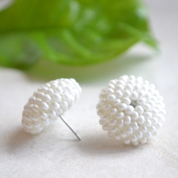 White Round Stud Earrings, mini retro studs