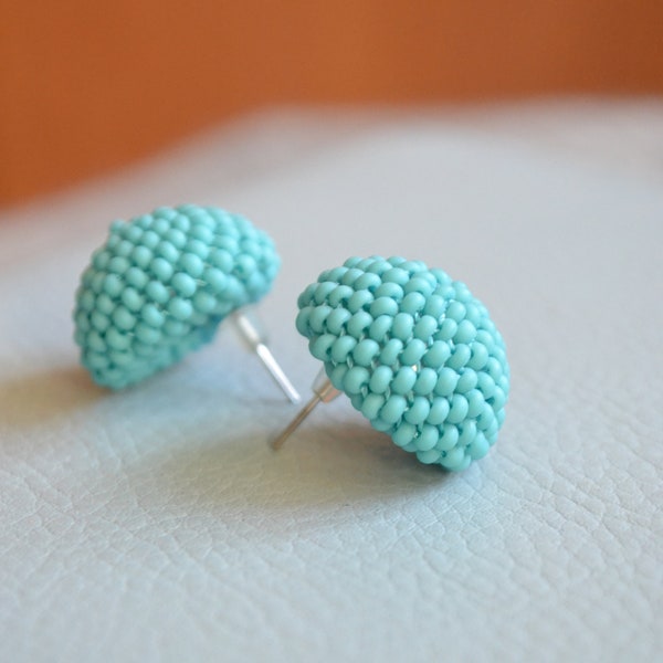 Turquoise beaded ball stud earrings, teal statement retro earrings, mint round studs