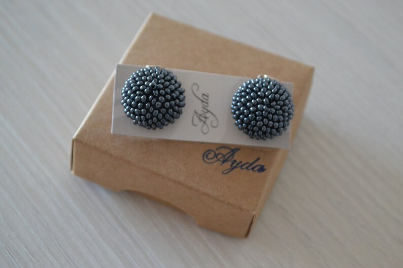 smoky grey seed bead embroidery clip on graphite soft black color Shiny gray button clip on earrings gray beaded mini ball clip on