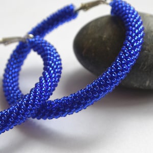 Royal blue hoop earrings, beaded dark blue hoops, seed beads solid color hoop earrings, evening earrings, beadwork earrings