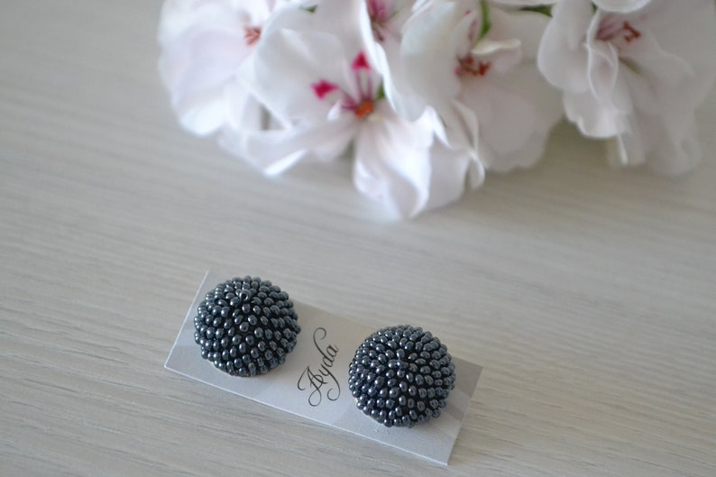 smoky grey seed bead embroidery clip on graphite soft black color Shiny gray button clip on earrings gray beaded mini ball clip on
