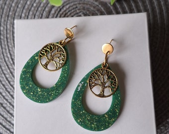 Boucles d'oreilles Arbre de vie, Boucles d'oreilles en résine époxy or vert