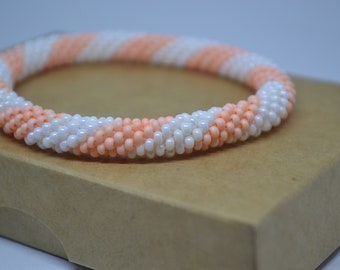 Peach Stripe Bead Crochet Bracelet, Nepal Style Bangle