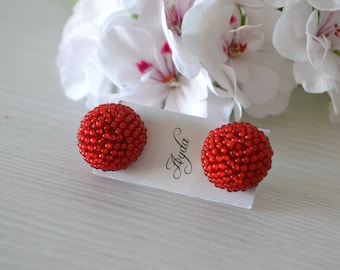 Cherry red stud earrings,  red ball stud earrings, handmade beaded earrings, round beaded earrings