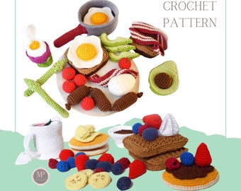 Patrón de crochet de comida: 25 piezas diferentes, Patrón de desayuno de crochet, Patrón de juego de simulación de crochet, Patrón de comida de crochet de desayuno, Juego de comida de juguete