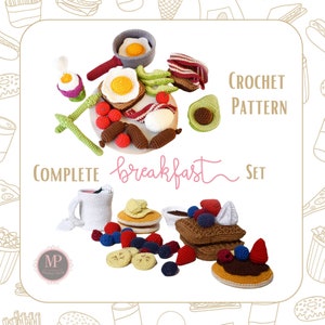 K&ouml;nnte beinhalten: H&auml;kelanleitung f&uuml;r ein komplettes Fr&uuml;hst&uuml;cksset, bestehend aus einer Tasse, Pfannkuchen, Avocado-Toast, Speck, Eiern, W&uuml;rstchen und Obst. Die Anleitung ist zum Download verf&uuml;gbar.