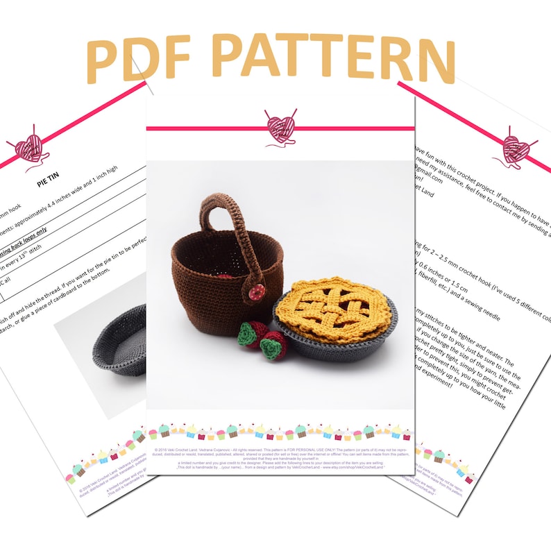 Puede incluir: Un patr&oacute;n de crochet para una tarta y una cesta. El patr&oacute;n incluye instrucciones para hacer una caja de tarta, una corteza de tarta y una cesta. El patr&oacute;n est&aacute; escrito en ingl&eacute;s e incluye fotos de los productos terminados.