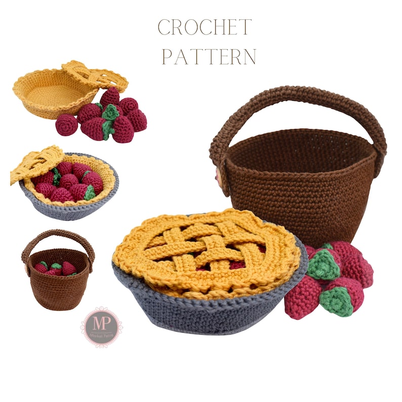 Puede incluir: Patr&oacute;n de crochet para una tarta de fresas, una cesta y fresas individuales. La tarta es amarilla y marr&oacute;n con una corteza gris. La cesta es marr&oacute;n con un asa marr&oacute;n. Las fresas son rojas con hojas verdes.