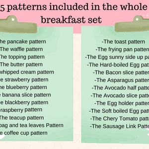 K&ouml;nnte beinhalten: Eine gr&uuml;ne und rosa Checkliste mit einer Liste von 25 Fr&uuml;hst&uuml;cksmustern. Die Liste enth&auml;lt Muster wie "Das Pfannkuchenmuster", "Das Waffelmuster", "Das Buttermuster", "Das Toastmuster", "Das Bratpfannenmuster" und "Das Wurstmuster".
