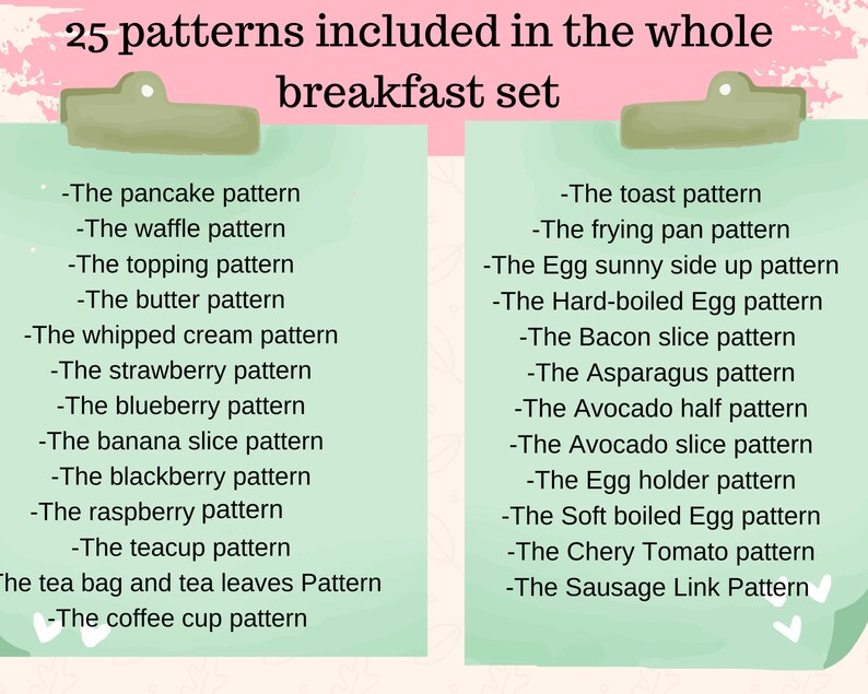 K&ouml;nnte beinhalten: Eine gr&uuml;ne und rosa Checkliste mit einer Liste von 25 Fr&uuml;hst&uuml;cksmustern. Die Liste enth&auml;lt Muster wie "Das Pfannkuchenmuster", "Das Waffelmuster", "Das Buttermuster", "Das Toastmuster", "Das Bratpfannenmuster" und "Das Wurstmuster".
