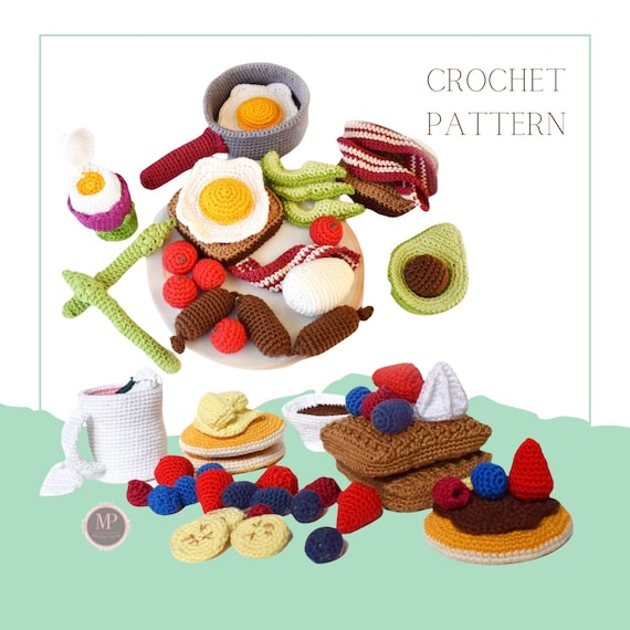 Food Crochet Pattern: 25 different pieces,Crochet Breakfast Pattern,Crochet Pretend Play Pattern,Breakfast Crochet Food Pattern,Toy Food Set